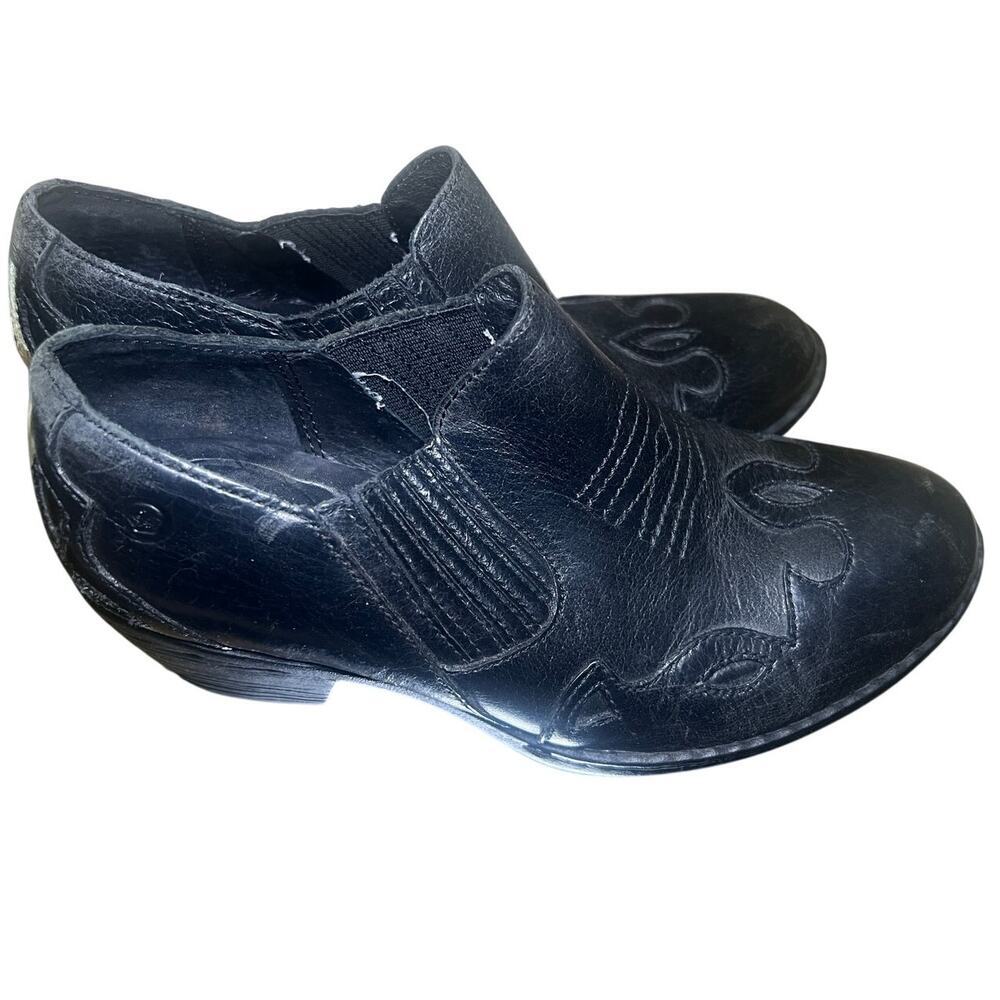 Born Black Distressed Leather Western Ankle Booties Comfort Heels EU 38 - Picture 3 of 13